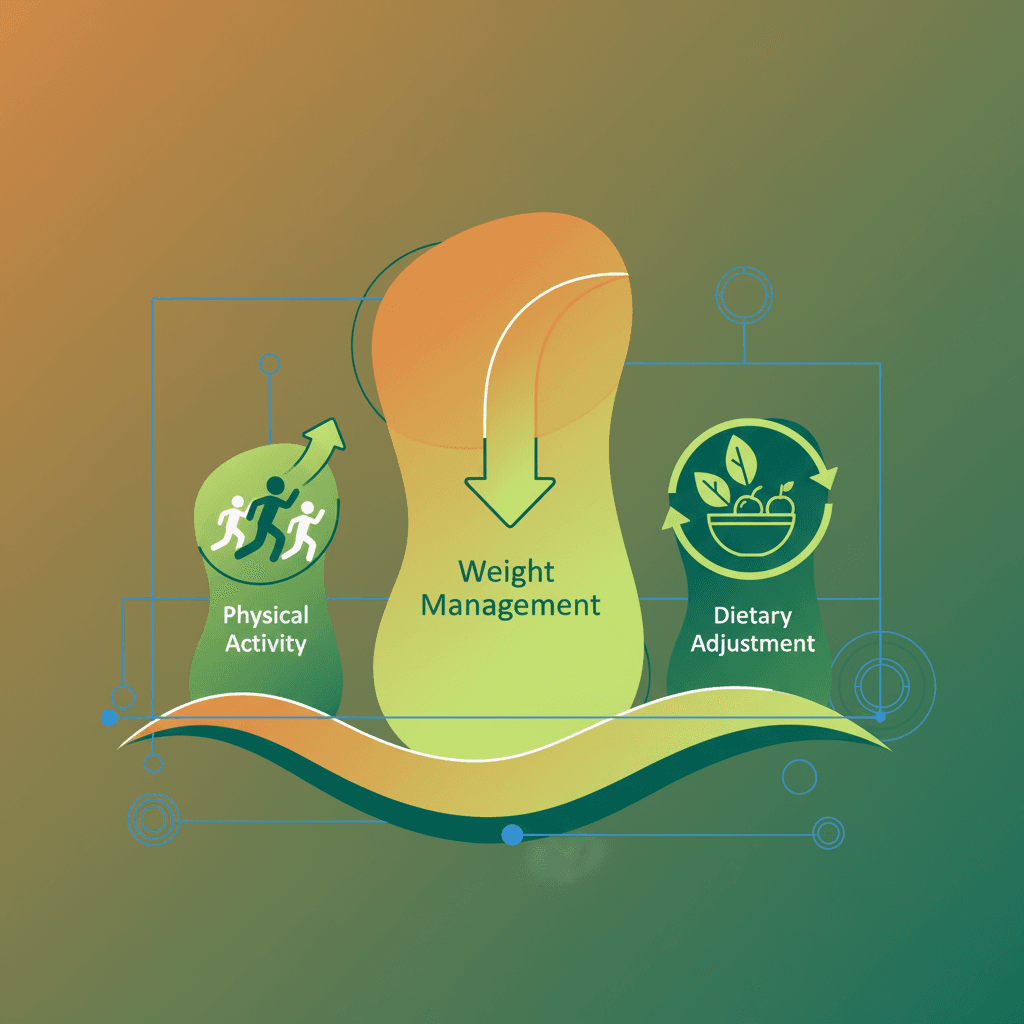 체중 감량 목표(5-7%), 주 150분 운동, 식이섬유 증가 등 생활습관 교정의 세 가지 핵심 요소를 시각화한 아이콘 다이어그램