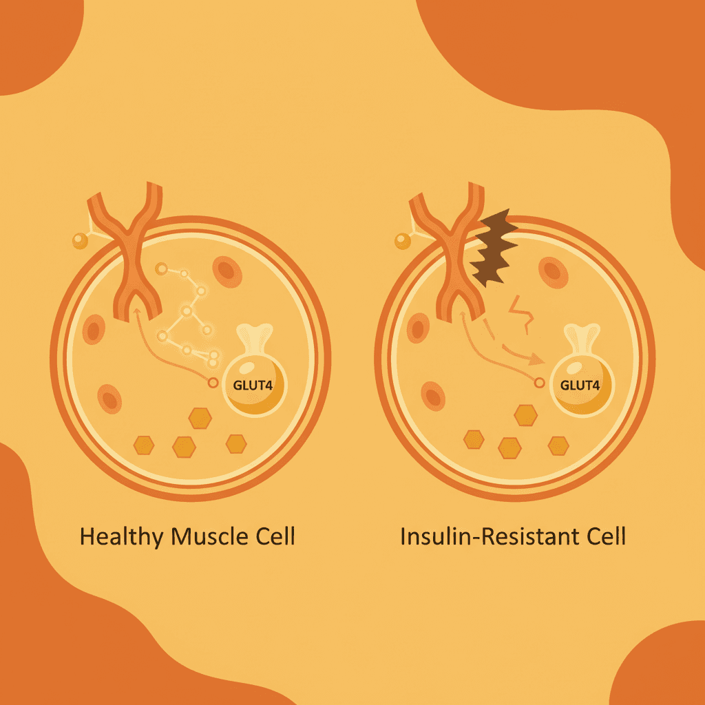 인슐린이 세포 수용체에 결합하여 GLUT4 수송체가 활성화되는 과정과, 인슐린 저항성 상태에서 이 신호가 차단되는 메커니즘을 보여주는 의학 일러스트레이션