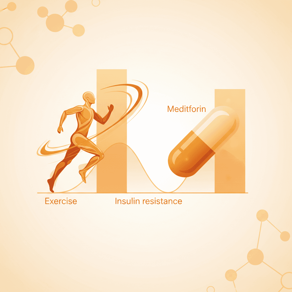 운동군과 메트포르민군의 HOMA-IR 감소율을 비교하는 막대 그래프. 운동 77.3% 대 메트포르민 66.3%의 차이를 시각적으로 표현