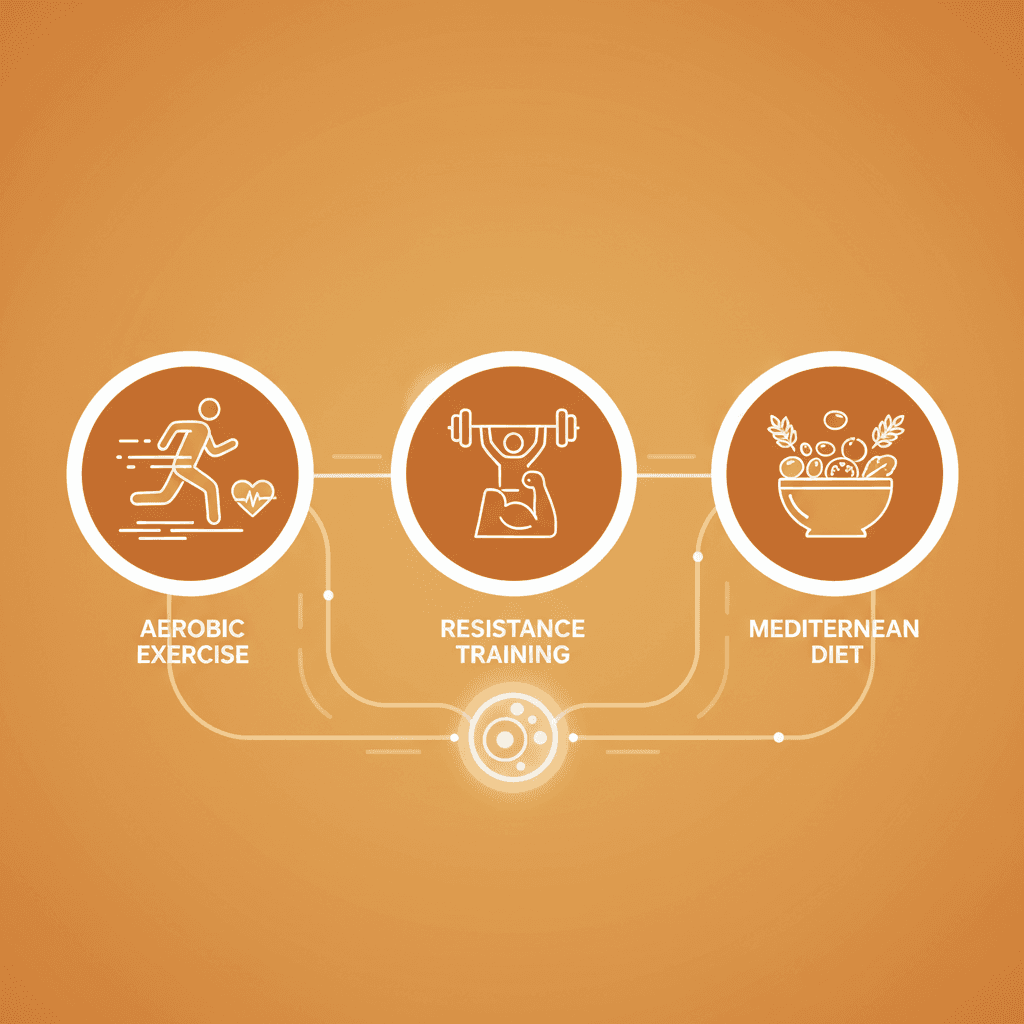 인슐린 저항성 개선을 위한 세 가지 핵심 접근법(유산소 운동, 근력 운동, 지중해식 식단)을 아이콘과 함께 정리한 인포그래픽