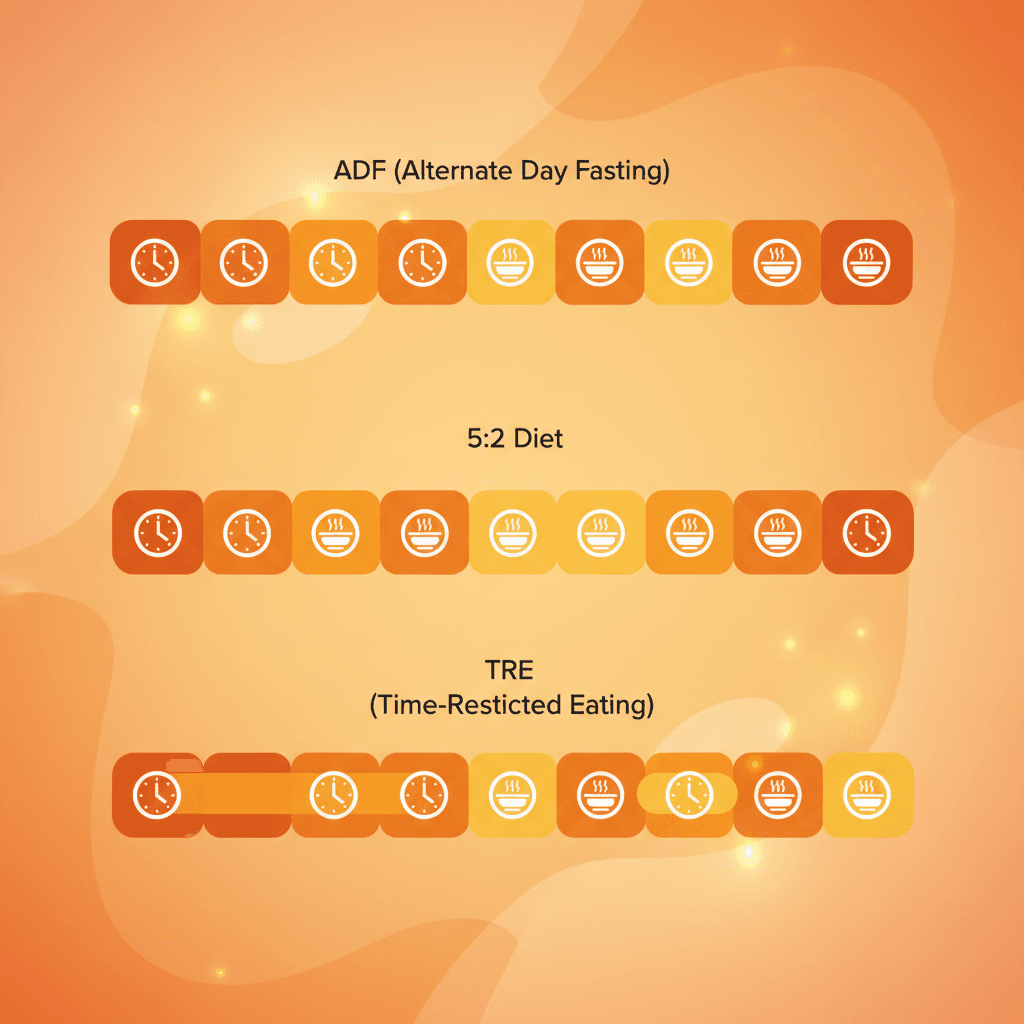 간헐적 단식의 세 가지 방식(ADF, 5:2, TRE)을 비교한 타임라인 다이어그램