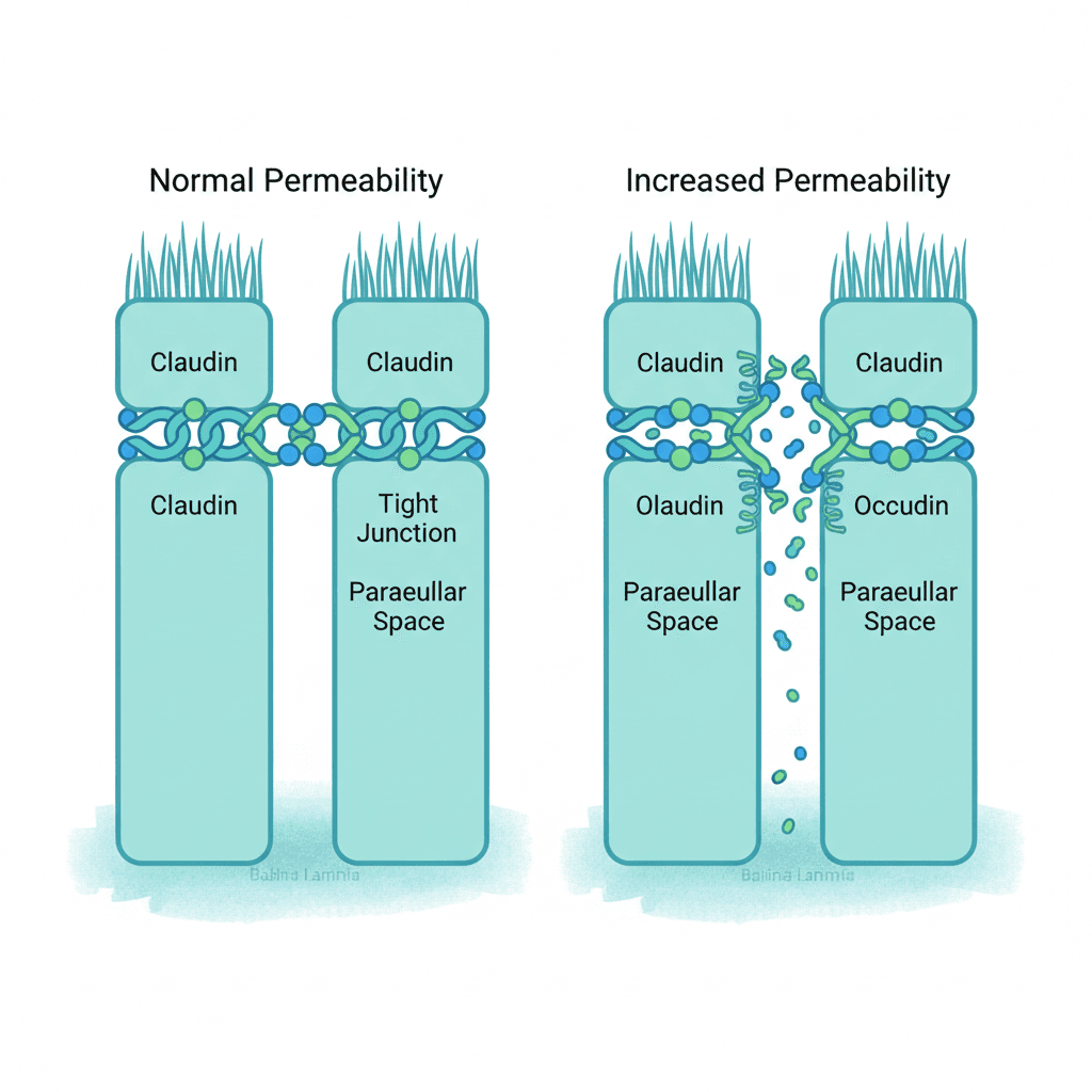 장 상피세포와 긴밀 연접 단백질 구조 모식도, 정상 상태와 투과성 증가 상태 비교