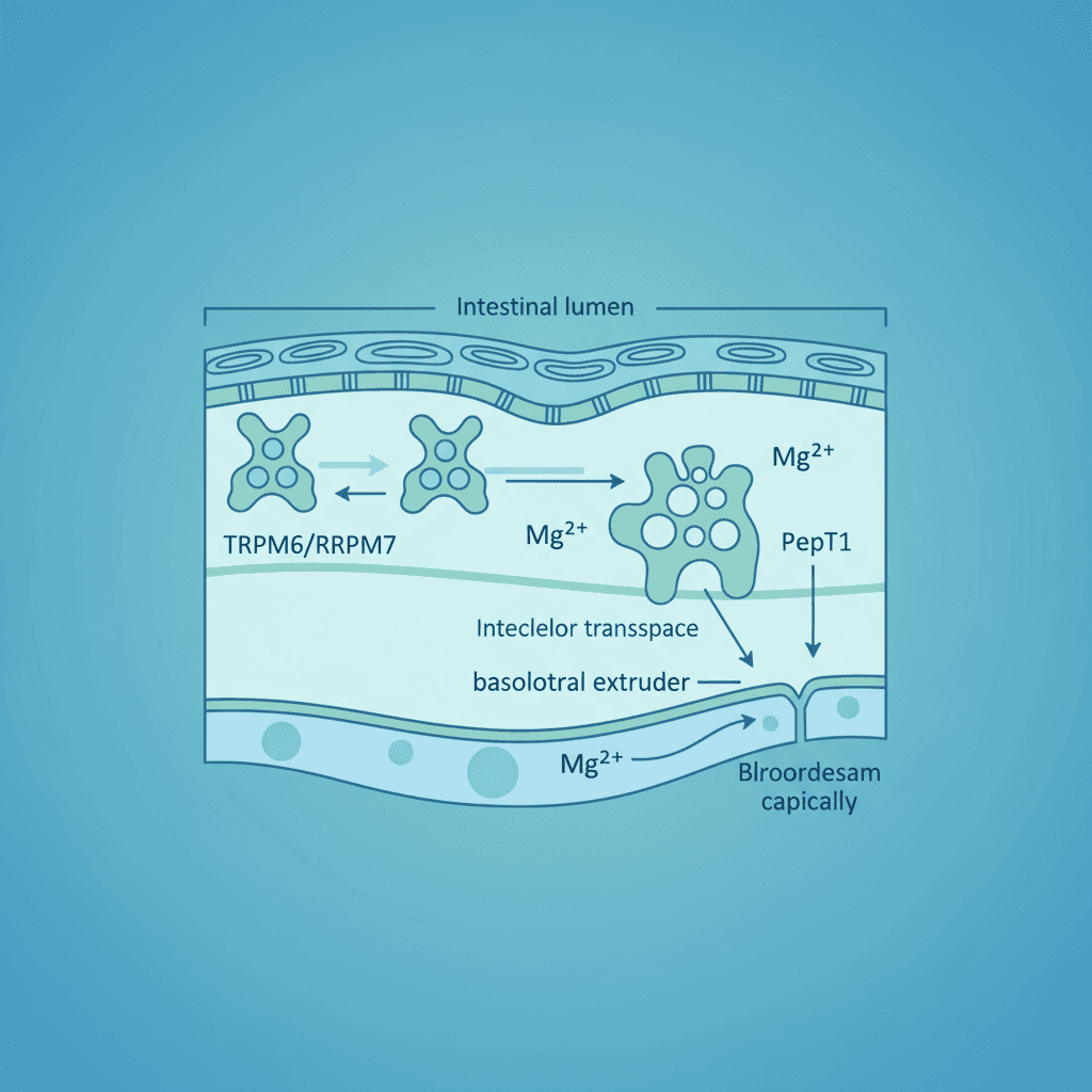 마그네슘 형태별 흡수 경로 도식 — 위장관 내 용해 과정과 TRPM6/TRPM7, PepT1 수송체 경로를 나타낸 과학적 일러스트레이션