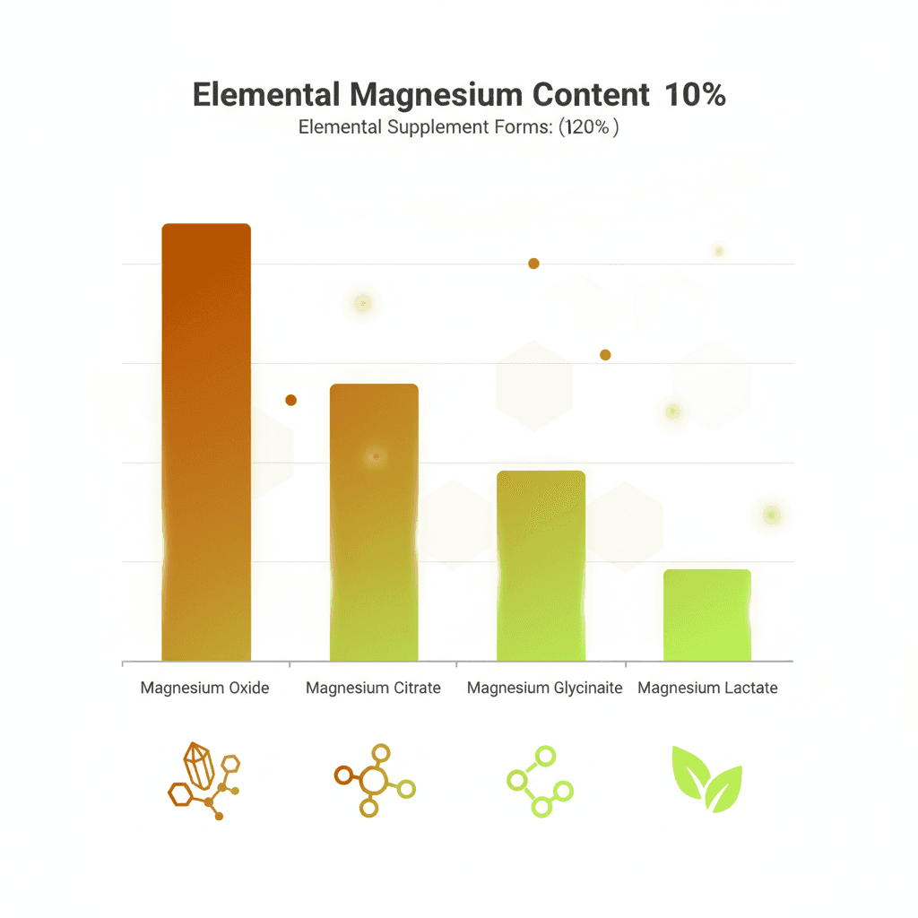 마그네슘 형태별 원소 마그네슘 함량 비율 및 임상 사용 용량 비교 차트 — 막대 그래프로 각 형태의 원소 함량(%)와 주요 임상 연구 투여량을 시각화