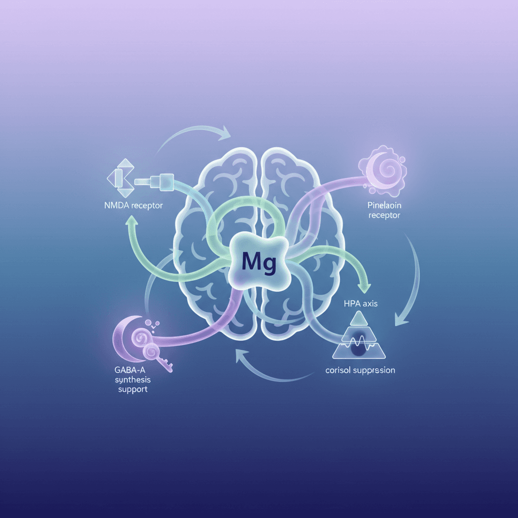 마그네슘의 수면 작용 기전 도식 - NMDA 차단, GABA-A 활성화, 멜라토닌 합성, HPA 축 코르티솔 억제를 화살표로 연결한 인포그래픽