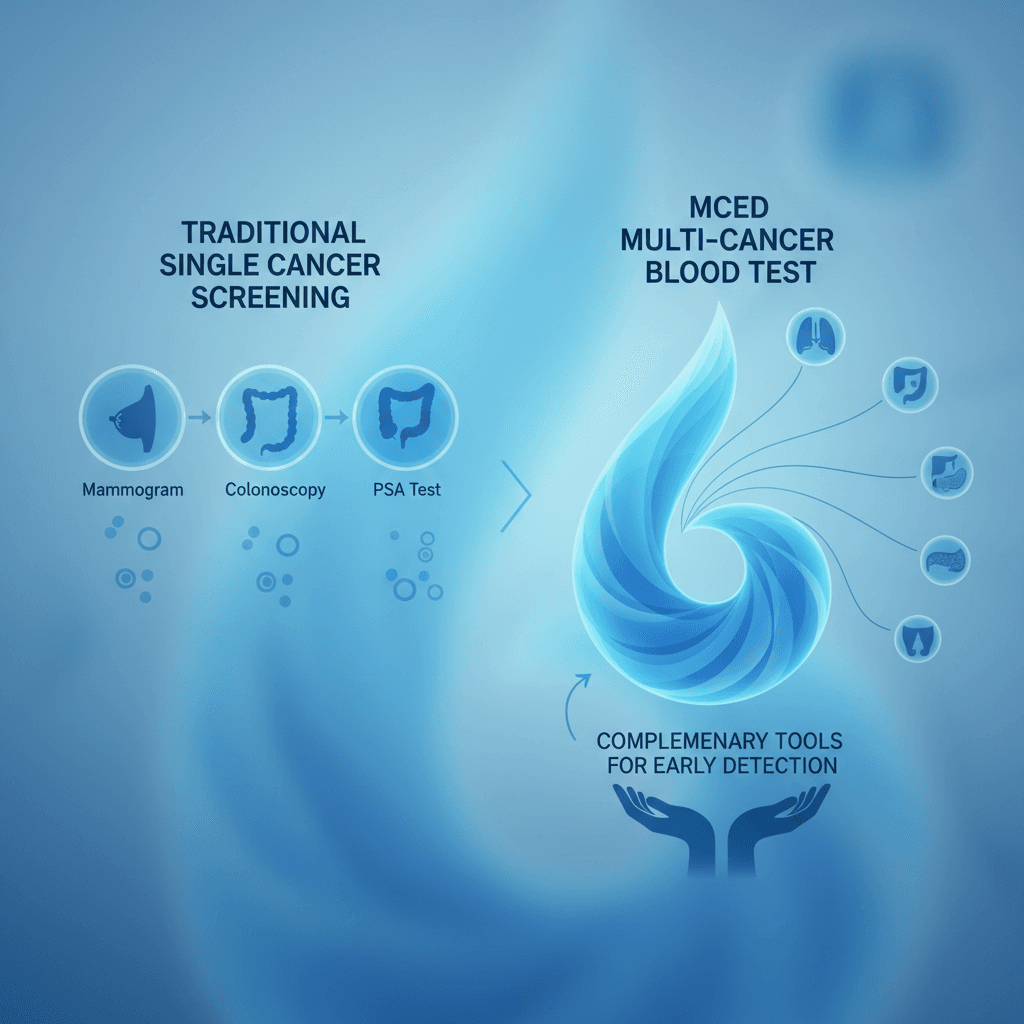 MCED 검사와 기존 단일 암 스크리닝 방식의 역할 비교 도식