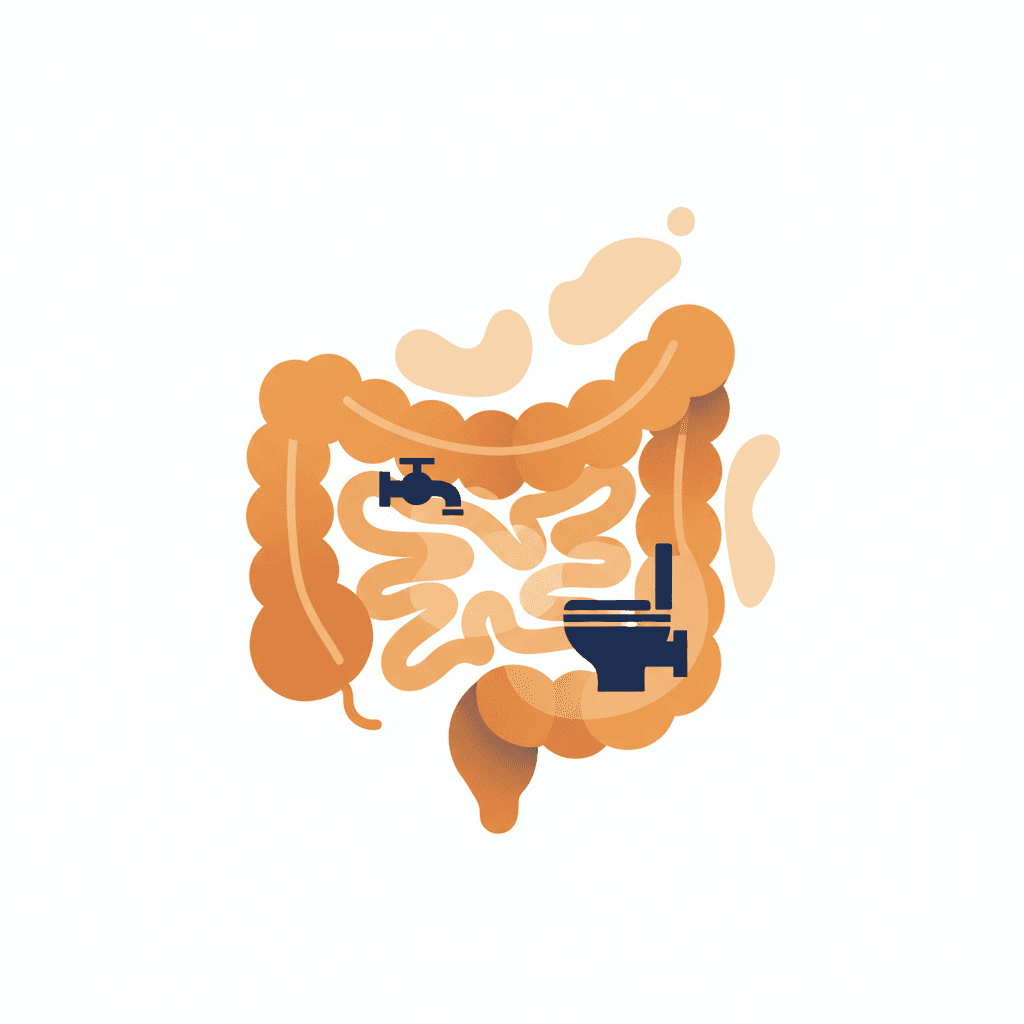 메트포르민 복용 후 위장 증상을 경험하는 환자를 표현한 일러스트, 복부 불편감과 화장실 아이콘 포함