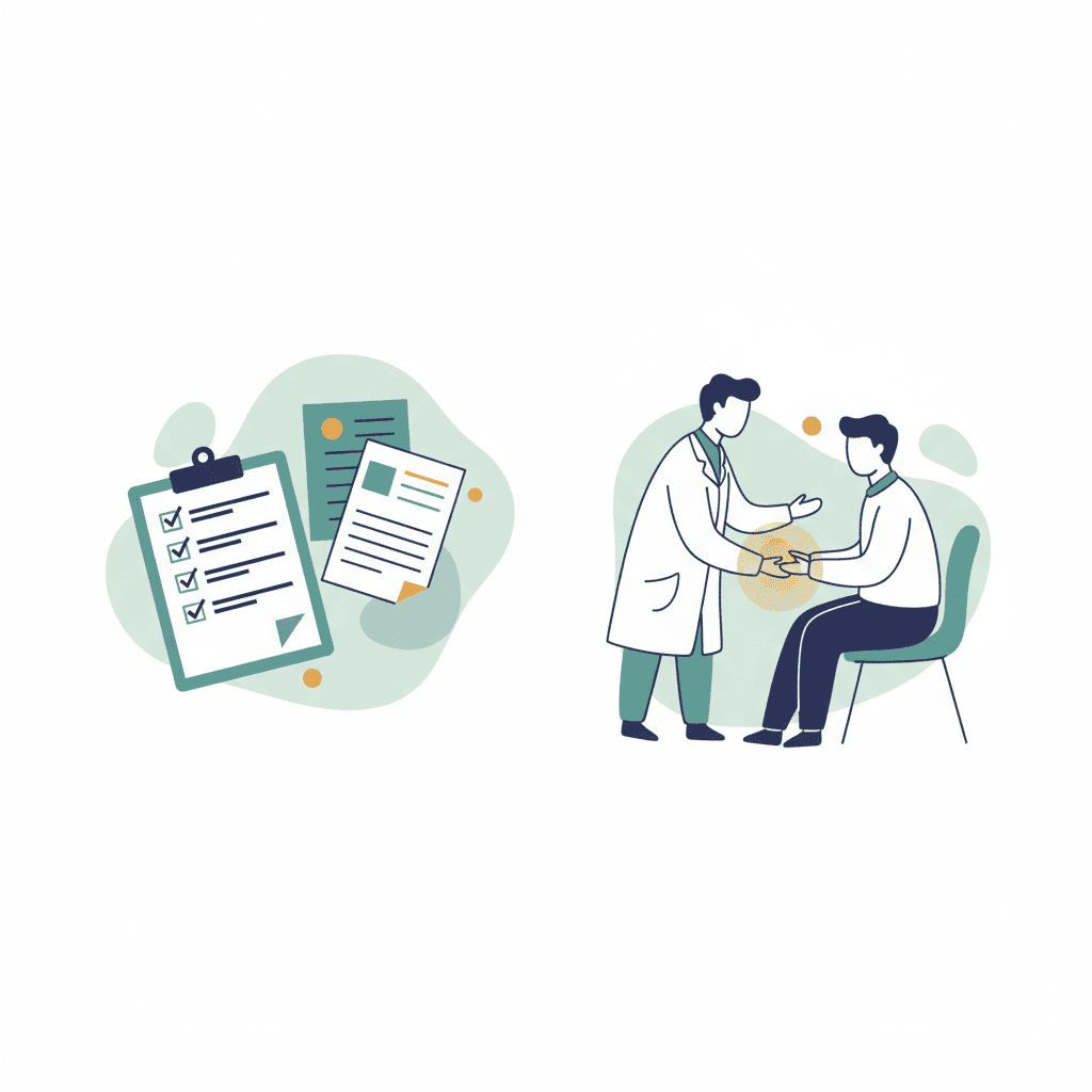 메트포르민 복용 체크리스트, 혈액 검사 결과지, 의사와 환자 상담 장면을 담은 일러스트