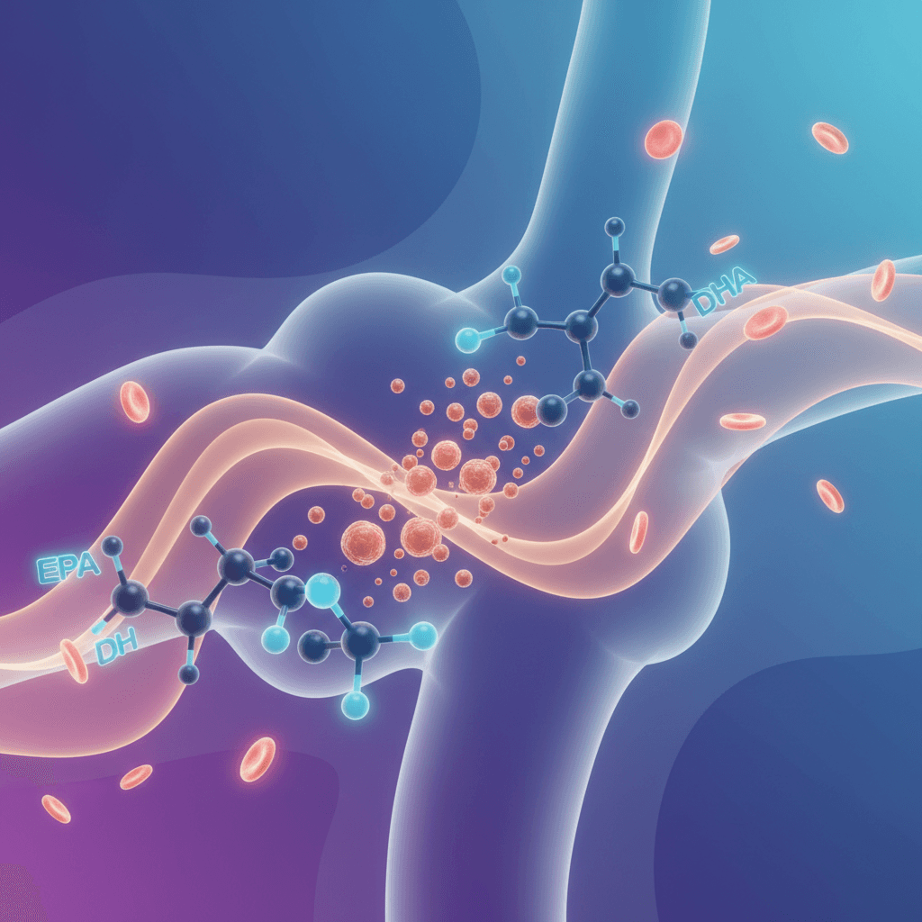 3D molecular illustration of EPA and DHA omega-3 fatty acids interacting with cardiovascular system, showing triglyceride reduction, anti-inflammatory pathways, and platelet inhibition mechanisms