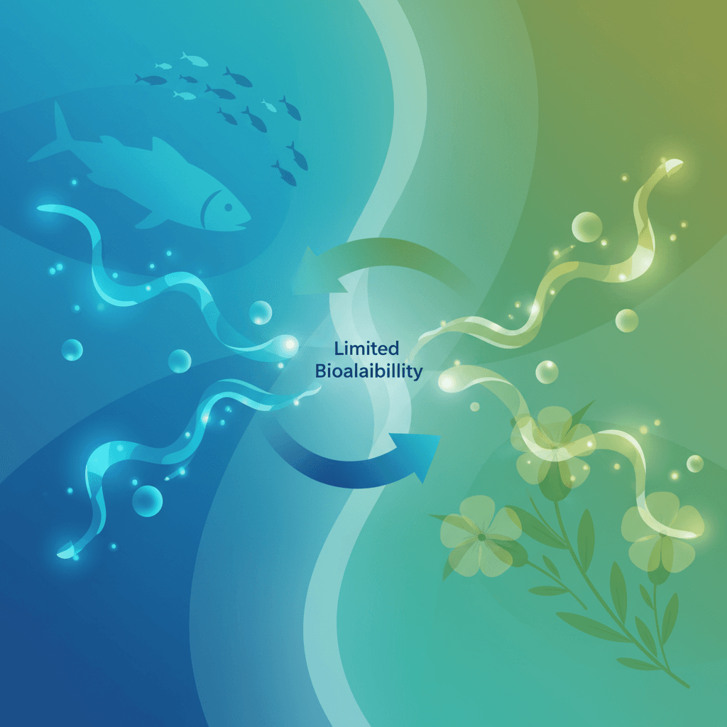 Infographic comparing marine omega-3 (fish oil, EPA/DHA) versus plant-based omega-3 (ALA from flaxseed, chia, walnuts), showing conversion rates and cardiovascular evidence levels