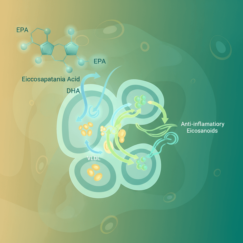 Scientific diagram showing EPA and DHA molecular structures interacting with hepatic cells, illustrating VLDL secretion reduction pathway and anti-inflammatory eicosanoid production