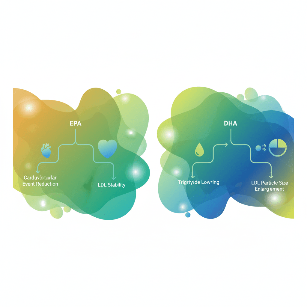 Side-by-side comparison educational infographic showing EPA pathway emphasizing cardiovascular event reduction and LDL stability, and DHA pathway emphasizing triglyceride lowering and LDL particle size enlargement