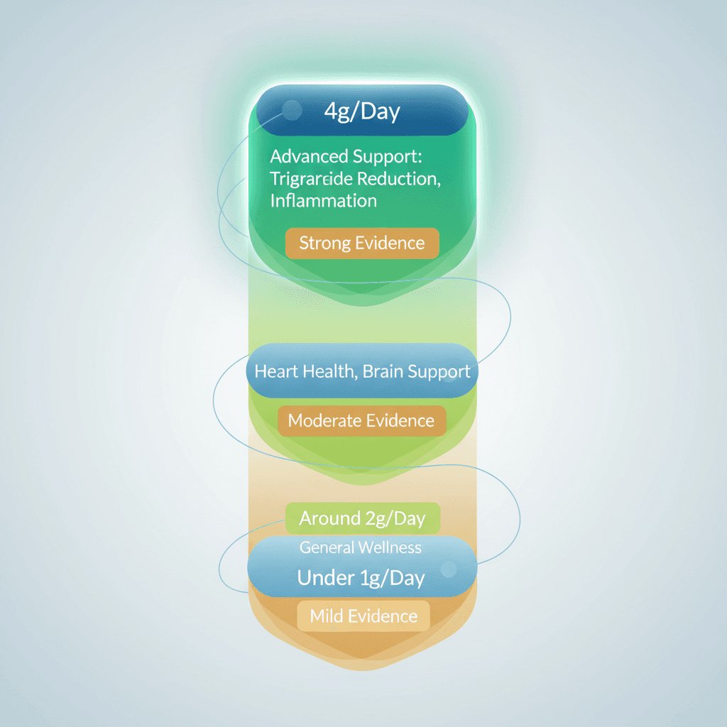 Three-tier dosage visualization chart showing omega-3 daily dose tiers under 1g, around 2g, and 4g with corresponding clinical evidence strength and indication labels