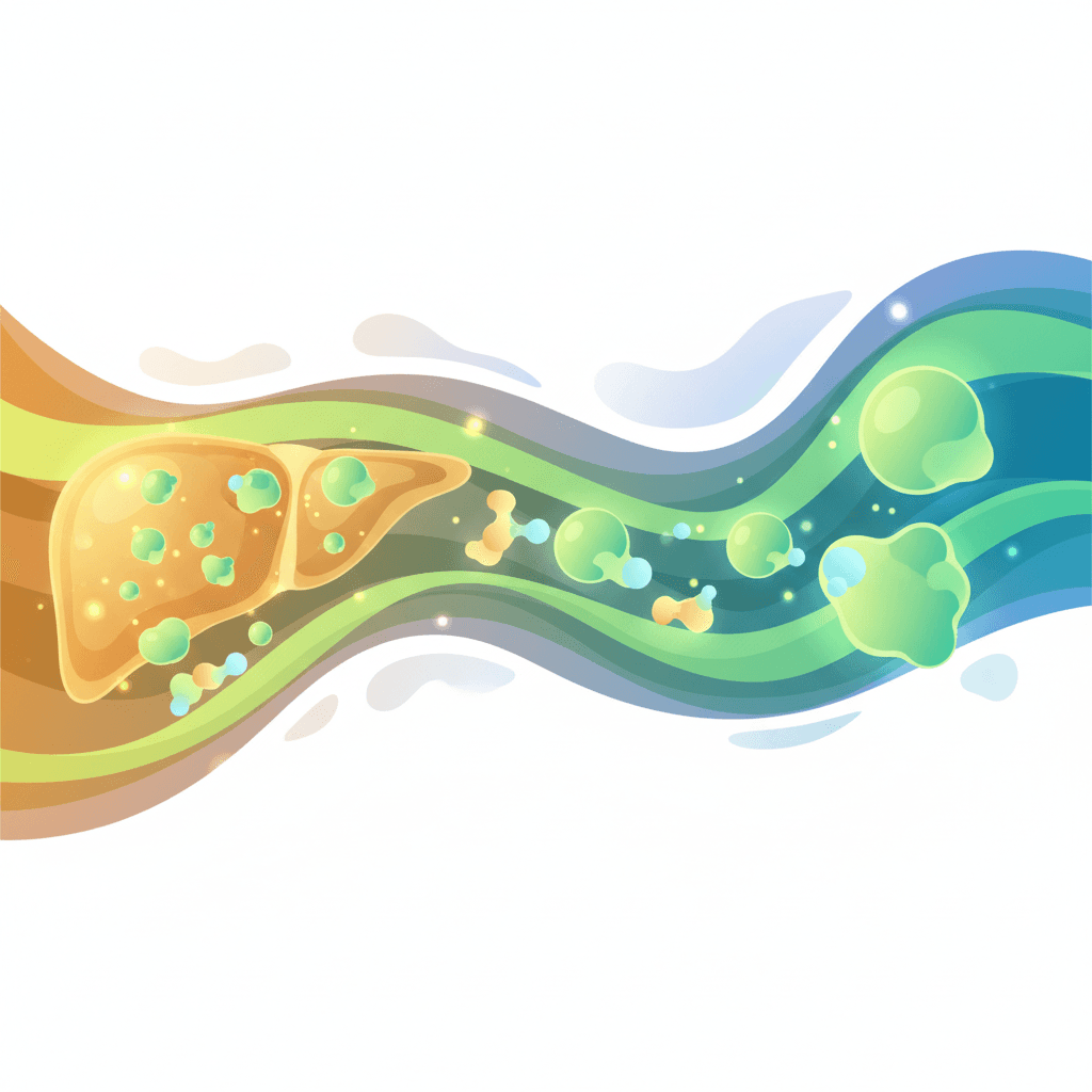 간에서 알부민이 합성되어 혈류로 방출되고, 혈장 내에서 약물 및 호르몬과 결합하는 과정을 보여주는 의학 일러스트