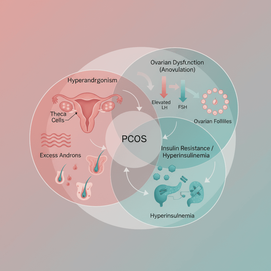 Diagram illustrating the PCOS triad of hyperandrogenism (theca cell dysregulation), insulin resistance/hyperinsulinemia, and elevated LH:FSH ratio, with Rotterdam diagnostic criteria (2 of 3) shown as overlapping circles