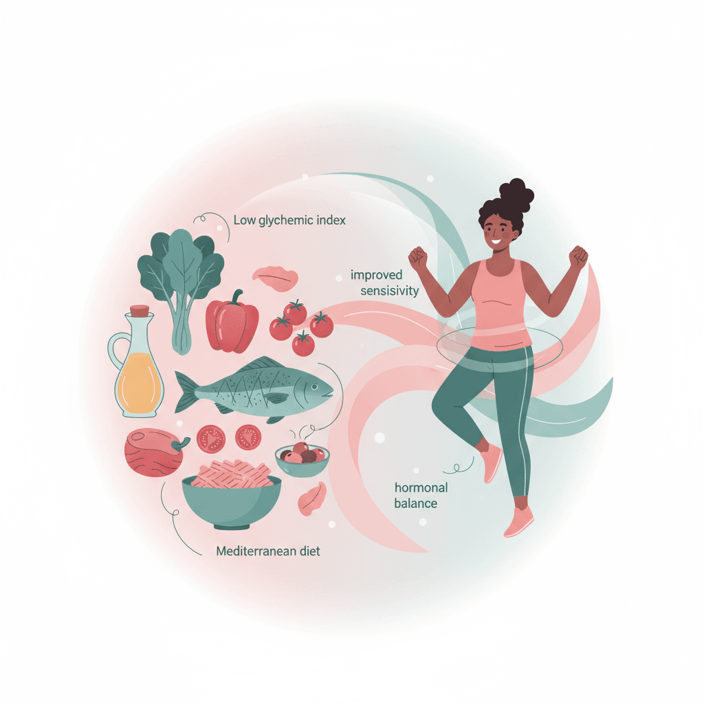 Evidence summary showing low-GI diet, Mediterranean diet, and aerobic plus resistance exercise effects on HOMA-IR, testosterone, and body weight in PCOS patients, based on Cochrane review of 15 RCTs