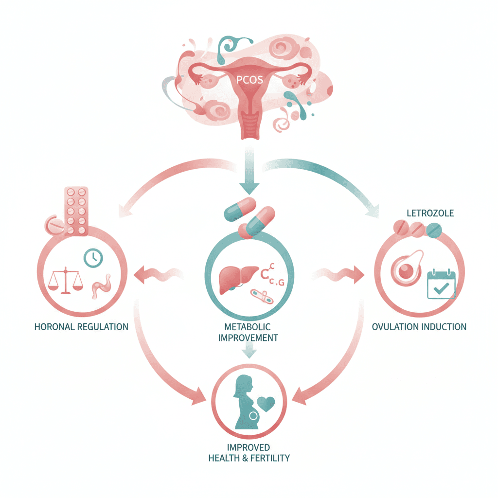 Treatment pathway flowchart for PCOS showing lifestyle-first approach, then branching into OCP for menstrual/androgen symptoms, metformin for metabolic/insulin resistance, and letrozole for ovulation induction, with efficacy numbers displayed