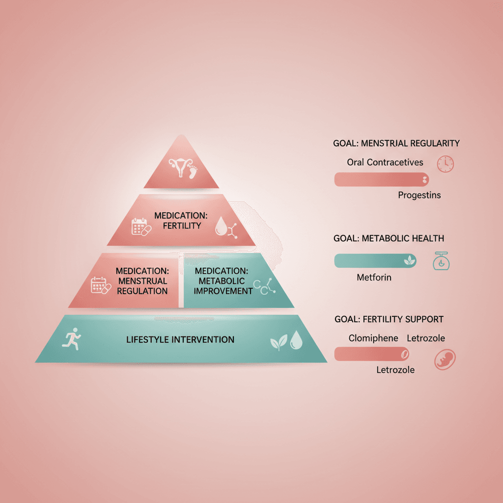 Summary table visualization comparing lifestyle intervention, metformin, and letrozole/clomiphene on key efficacy metrics including HOMA-IR change, testosterone change, live birth rate, and main side effects
