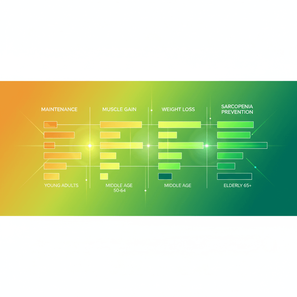 연령별(2040대, 5064세, 65세 이상)과 목적별(유지, 근육 증가, 체중 감량, 근감소증 예방) 단백질 권장량을 한눈에 비교하는 표 형식의 인포그래픽. g/kg/일 수치를 색상으로 구분.