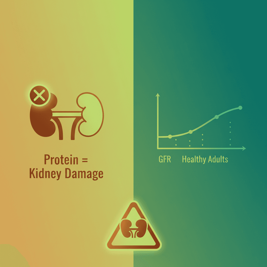 왼쪽에는 고단백 식이와 신장 손상 오해를 반박하고, 오른쪽에는 건강한 성인의 GFR 변화 없음을 보여주는 비교 인포그래픽. CKD 환자에 대한 별도 주의 경고문 포함.