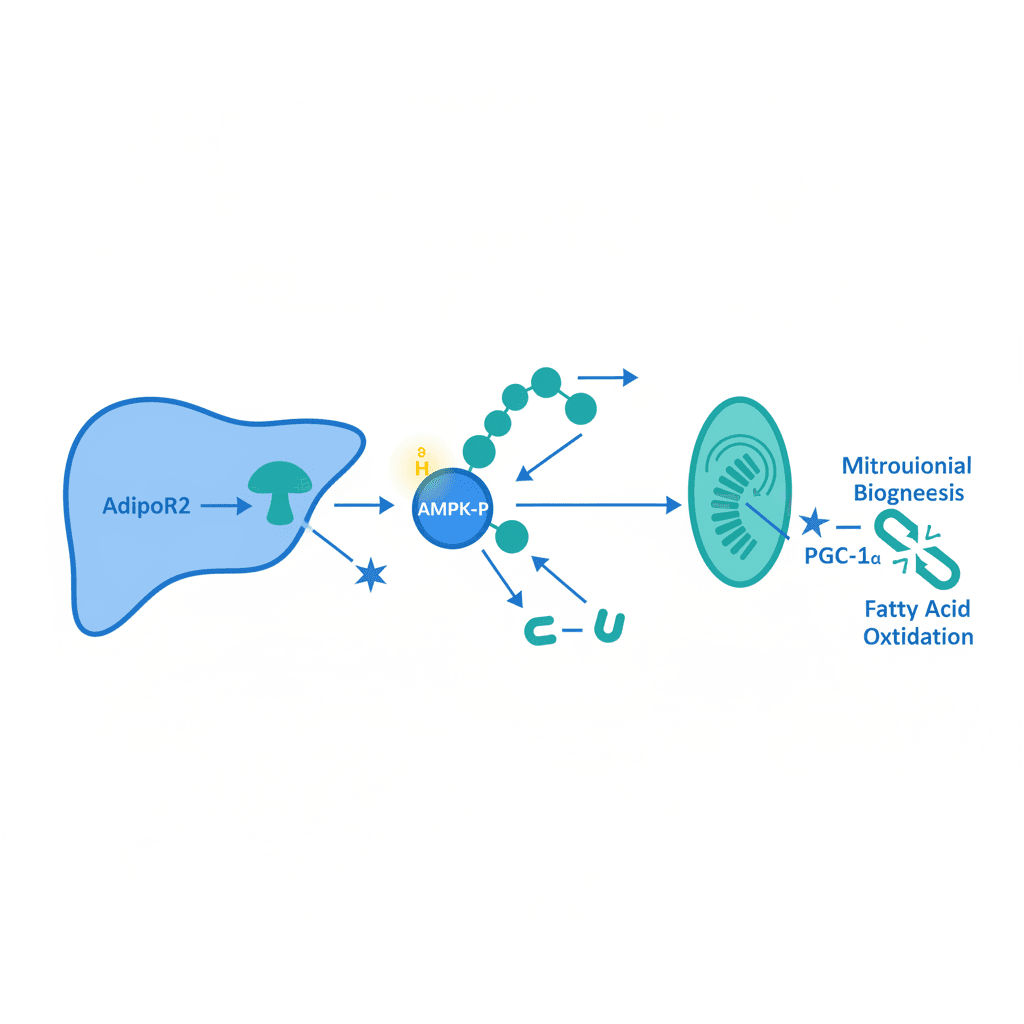 Scientific educational infographic illustrating the AdipoR2-AMPK-PGC-1α signaling cascade in a liver cell, showing molecular pathway arrows from receptor activation through AMPK phosphorylation to mitochondrial biogenesis and fatty acid oxidation, clean white background with blue and teal color scheme, no text overlaid