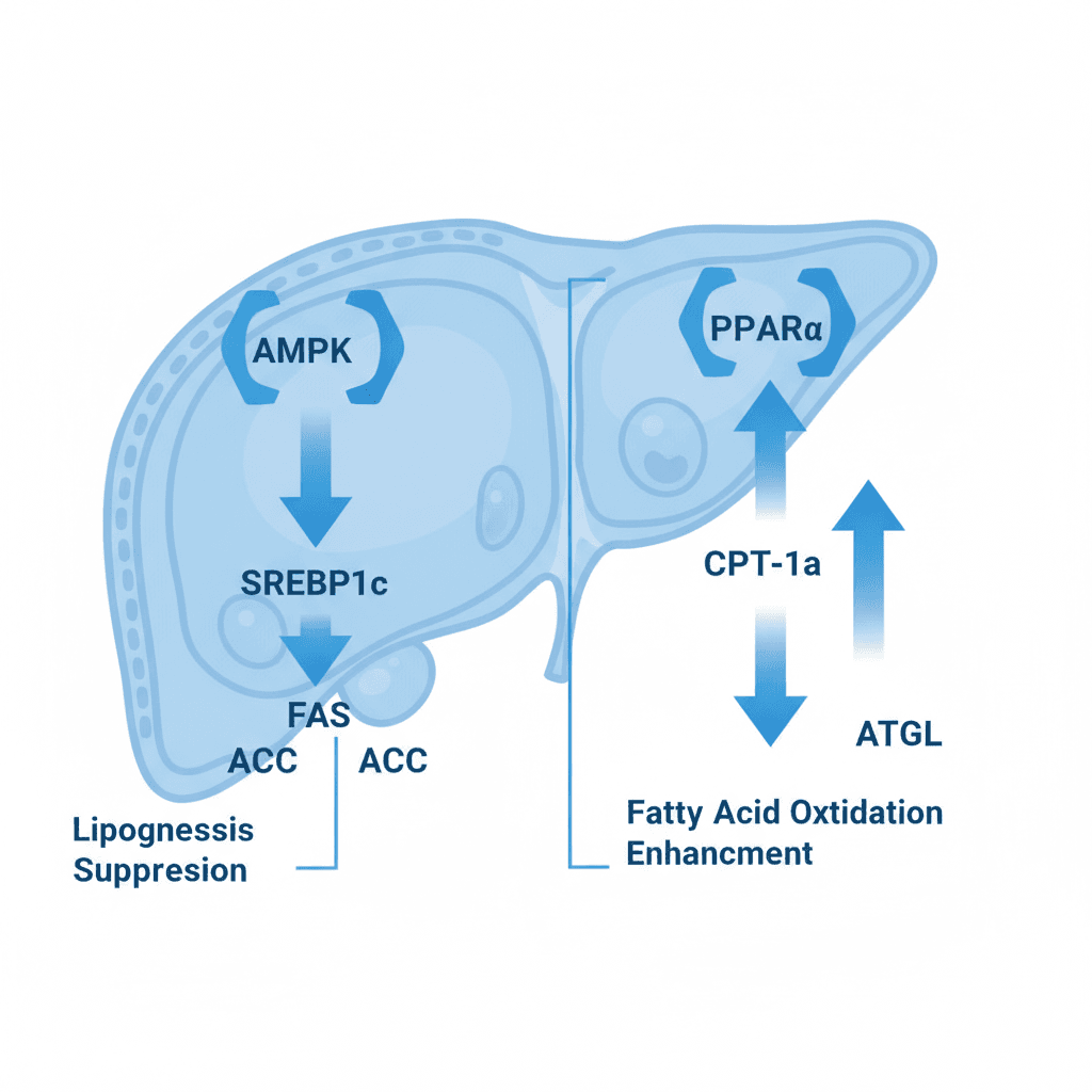 Educational infographic showing dual metabolic pathways: lipogenesis suppression via AMPK-SREBP1c-FAS-ACC axis on the left and fatty acid oxidation enhancement via PPARα-CPT-1a-ATGL pathway on the right, depicted with downward and upward arrows respectively in a hepatocyte cross-section diagram, clean blue scientific illustration style, no text overlaid