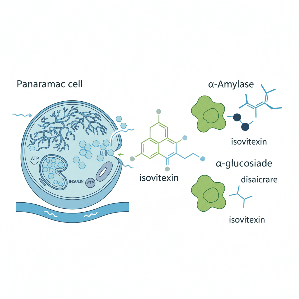 Scientific illustration of pancreatic beta cell showing insulin secretion mechanism, alongside enzyme inhibition diagram for alpha-amylase and alpha-glucosidase with isovitexin molecular structure nearby, educational infographic style with soft blue and green tones, no text overlaid