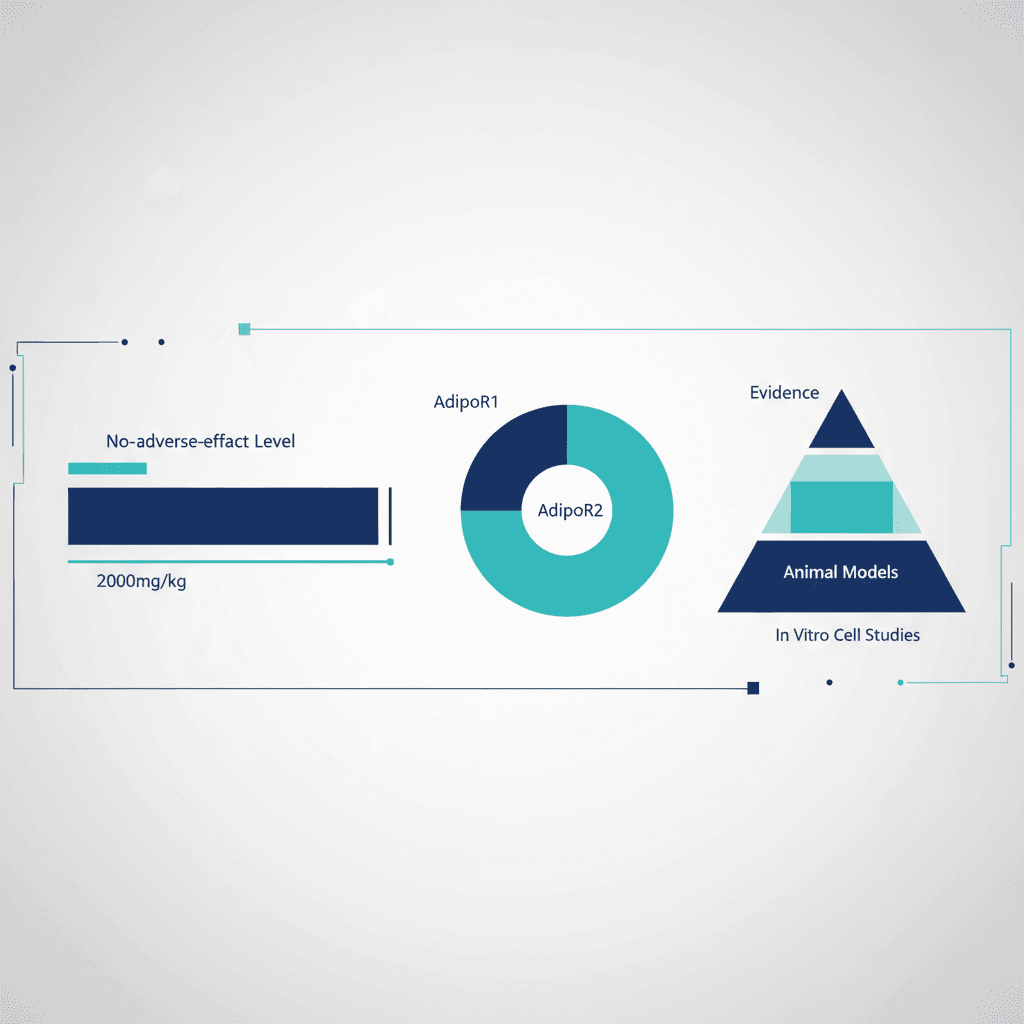Data visualization infographic showing preclinical safety profile with a bar chart depicting no-adverse-effect level at 2000mg/kg, a receptor selectivity comparison chart between AdipoR1 and AdipoR2 showing 10000-fold difference, and an evidence pyramid from in vitro cell studies at base to animal models in middle, clean scientific design with navy and teal palette, no text overlaid