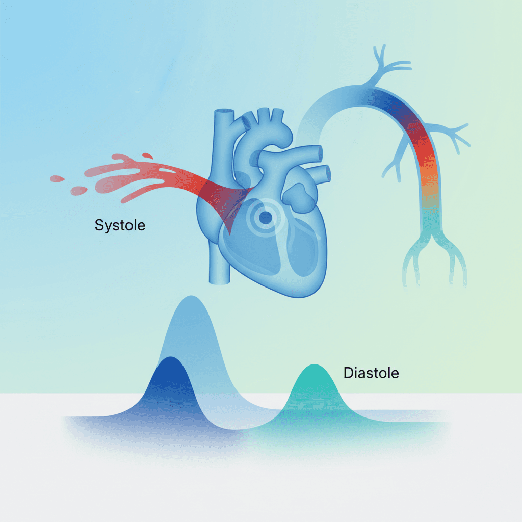 심장 수축과 이완 주기를 나타내는 다이어그램, 수축기와 이완기 혈압 측정 시점 표시