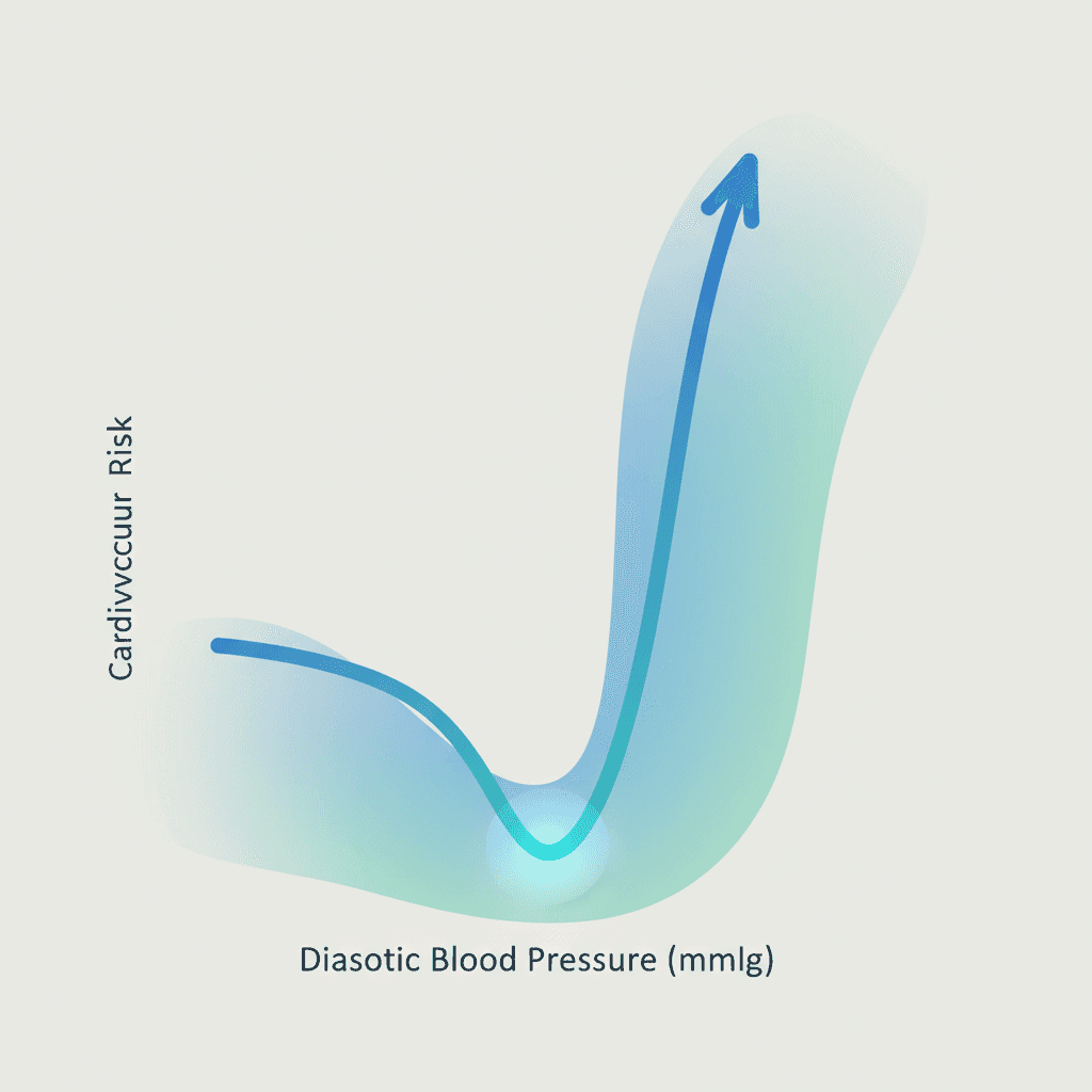 이완기 혈압 수준에 따른 심혈관 위험의 J형 곡선 개념도