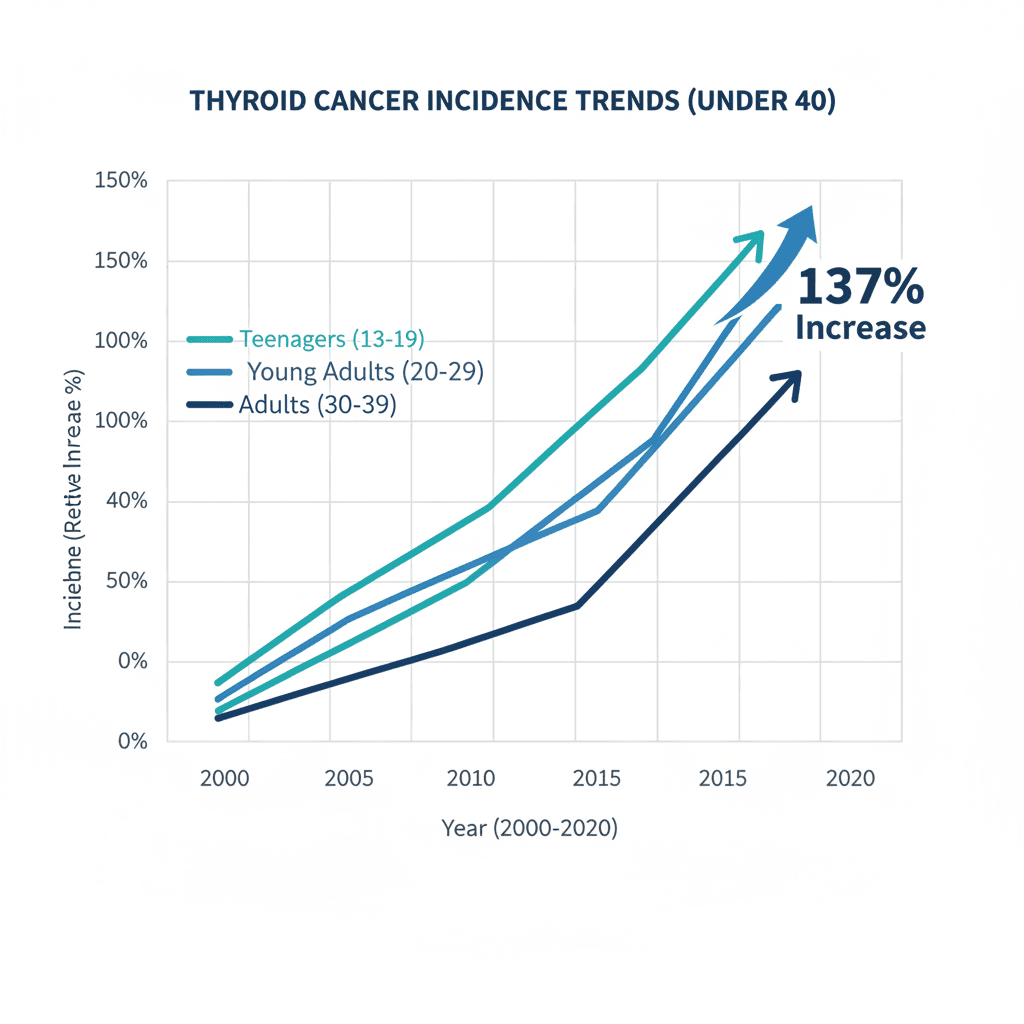 40세 미만 갑상선암 발생률 추이 그래프: 미국·캐나다 데이터 기반 20년간 연평균 변화율 시각화