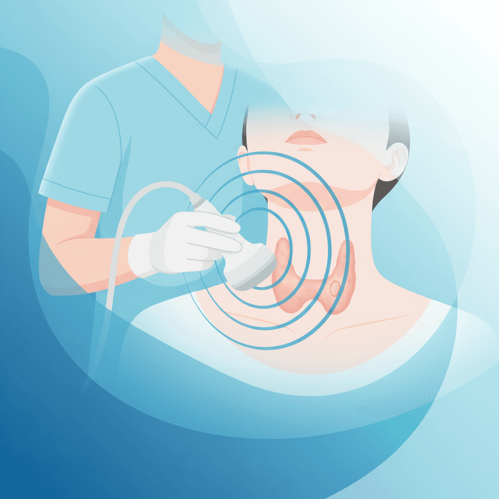 갑상선 초음파 검사 장면, 탐촉자를 목에 대고 결절을 확인하는 의료진, 부드러운 클리닉 조명