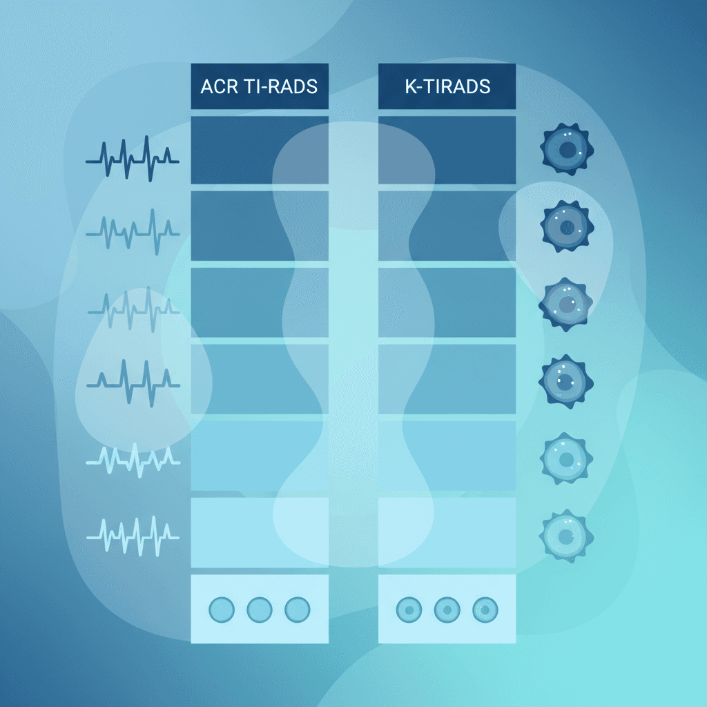 ACR TI-RADS와 K-TIRADS 비교 인포그래픽, 각 등급별 초음파 특성과 FNA 기준 크기를 한눈에 정리한 표 형태