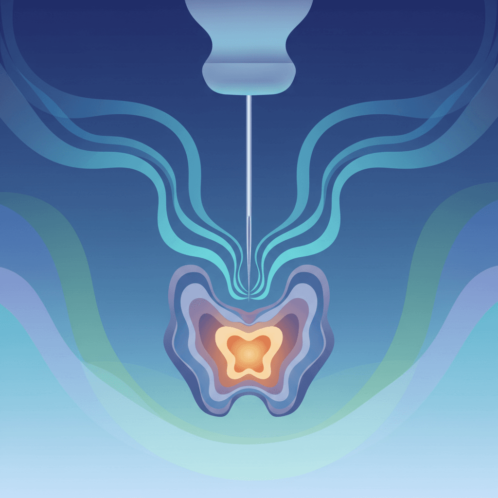초음파 유도 하 미세침 흡인 세포검사(FNA) 시행 장면, 의료진이 탐촉자와 주사기를 함께 사용하는 모습, 차분한 병원 환경