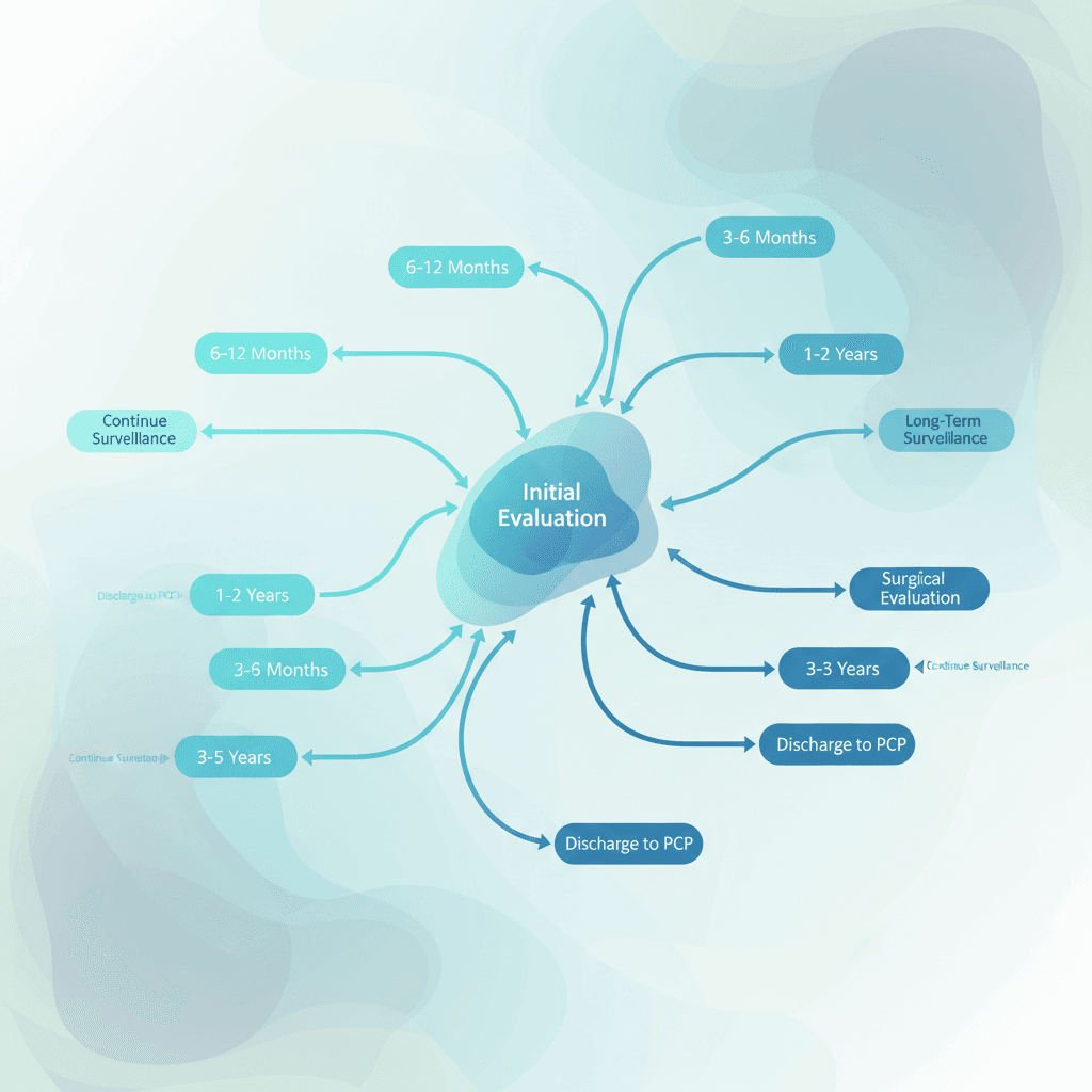 갑상선 결절 추적 관찰 주기 흐름도, TR 등급별 초음파 재검 시점(1년, 3년, 5년)을 화살표와 박스로 시각화한 인포그래픽