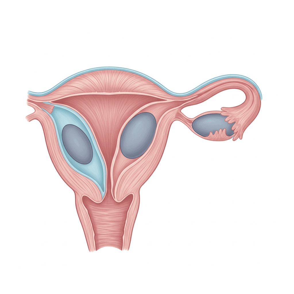 자궁 단면도에 점막하·근층내·장막하 근종의 위치를 구분하여 표시한 해부학 일러스트