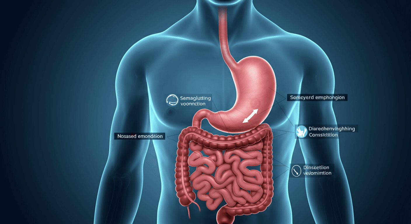 세마글루타이드 위장관 부작용 발생 기전을 보여주는 인체 소화기 일러스트. 위 배출 지연, 구역·구토·설사·변비 증상을 화살표와 아이콘으로 시각화. 배경은 차분한 청회색 계열.