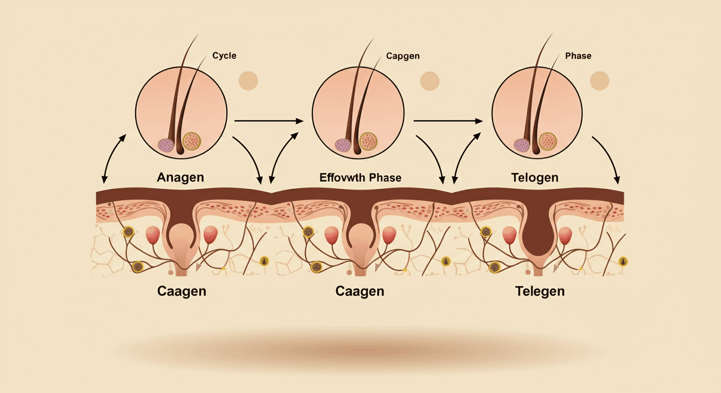 모발 성장 주기를 단계별로 나타낸 일러스트. 성장기, 퇴행기, 휴지기 단계와 급격한 체중 감소에 의한 휴지기 탈모 촉진 경로를 도식화. 차분한 베이지·브라운 계열 색상 사용.
