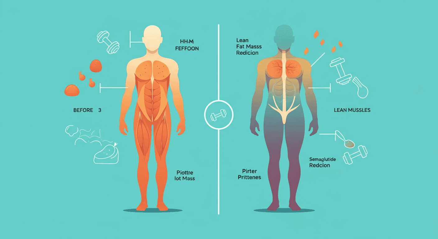 세마글루타이드 투약 기간 중 체중 구성 변화를 보여주는 인체 실루엣 비교 이미지. 지방 감소와 제지방 변화 비율을 색상 구분으로 시각화. 저항성 운동과 단백질 섭취를 나타내는 아이콘 포함. 차분한 청록색 계열.