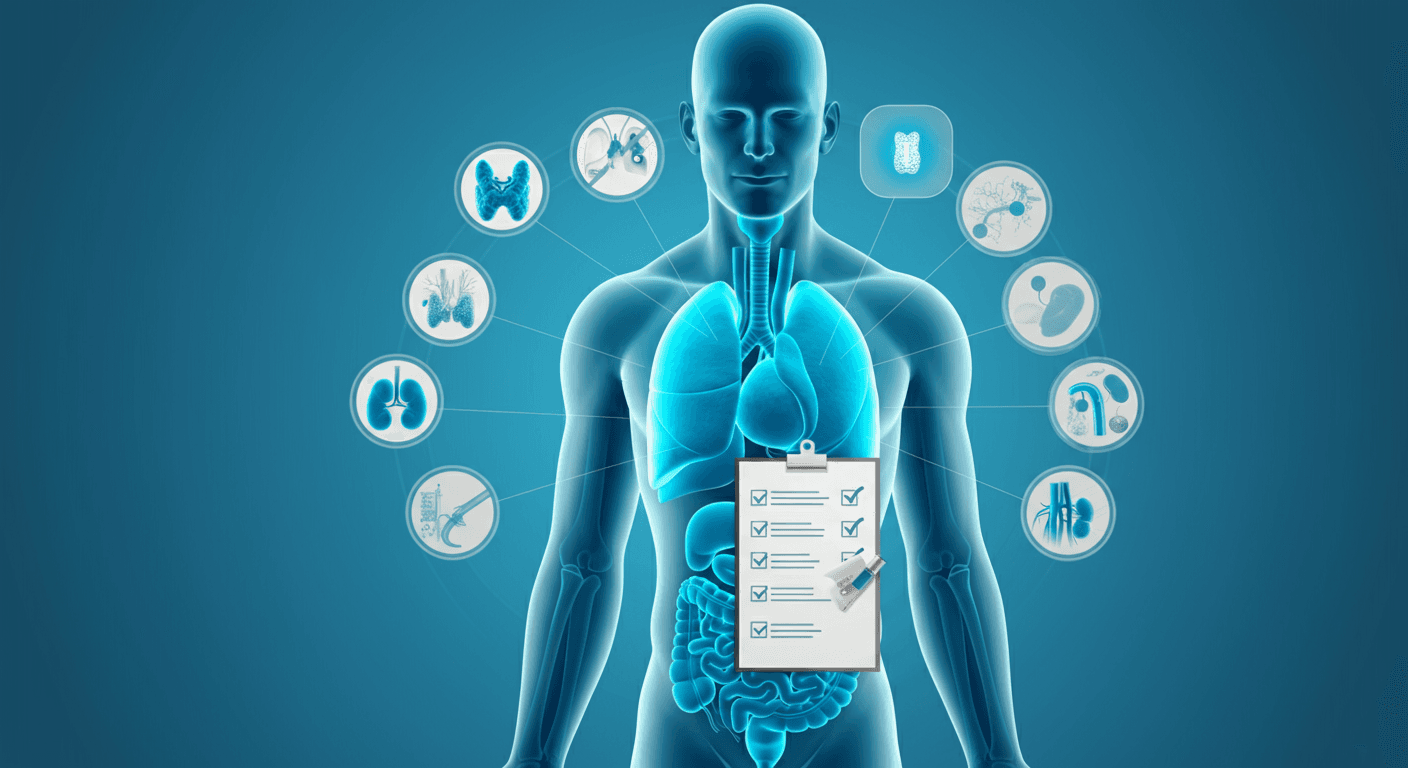 세마글루타이드 투약 전 확인 체크리스트를 나타내는 의료 일러스트. 갑상선, 췌장, 담낭, 신장 부위를 인체 실루엣에서 강조 표시하고, 금기 항목을 아이콘으로 정리. 신뢰감 있는 청색·백색 계열 디자인.