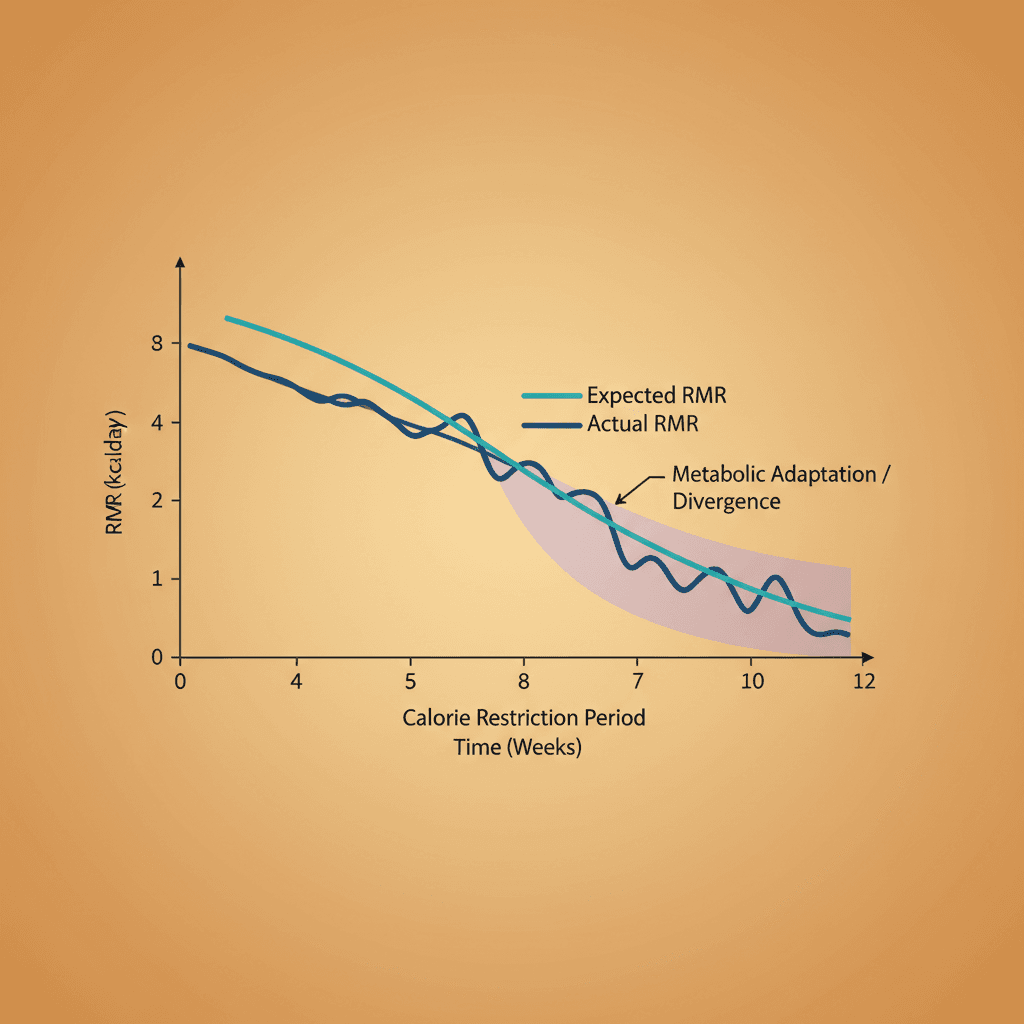 칼로리 제한 기간에 따른 RMR 변화 추이를 나타낸 선 그래프. 예상 RMR과 실제 측정 RMR의 차이(적응성 열생성 구간)를 표시. 감량 초기 급락, 안정화 후 부분 회복 구간 강조.