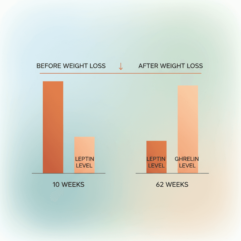 체중 감량 전후 렙틴·그렐린 수치 변화 비교 막대 그래프. 10주 감량 직후와 62주 추적 시점 수치를 나란히 표시. 정상 기준선과의 차이를 시각적으로 강조.