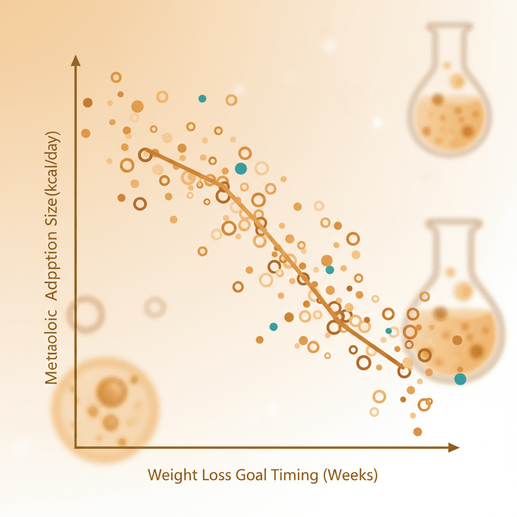 대사 적응 크기(kcal/일)와 목표 체중 달성 시점(주) 간의 상관 관계를 나타낸 산점도. 회귀선과 R²=0.63 표기. 각 데이터 포인트는 연구 참가자 1명을 나타냄.
