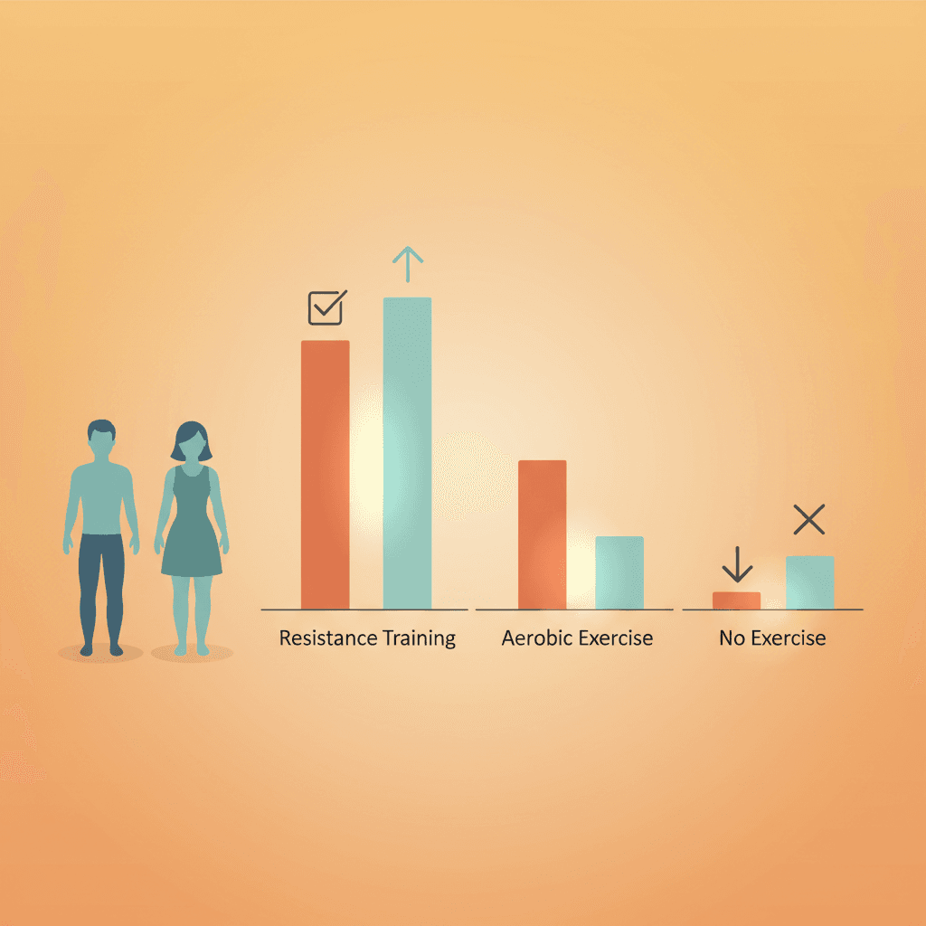 운동 유형별(저항성·유산소·비운동) 체지방 감소량 및 제지방량 변화를 남녀 각각 비교한 막대 그래프. 저항성 운동 그룹의 체지방 최대 감소와 근육 보존 효과를 강조 표시.